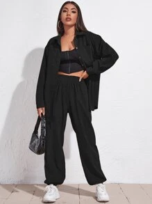 Elastic Waist Cord Trousers - Black - View 4