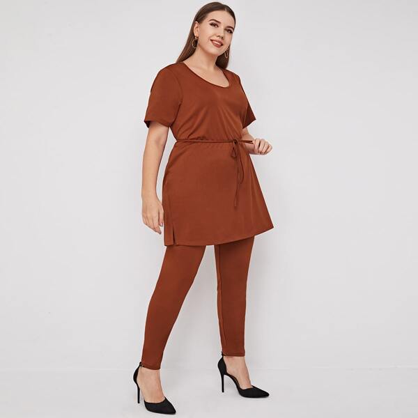 

Plus Slit Hem Belted Tee & Leggings, Rust brown