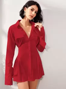 Vestido camisero mini con bolsillo falso unicolor - Rojo - Ver 1