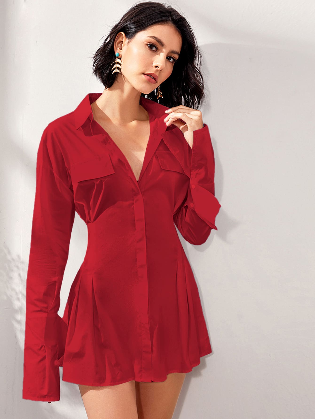 Vestido camisero mini con bolsillo falso unicolor - Rojo - Ver 1
