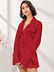 Vestido camisero mini con bolsillo falso unicolor - Rojo - Ver 3