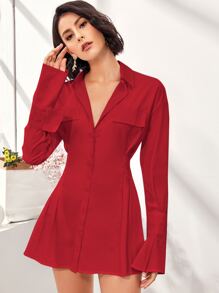 Vestido camisero mini con bolsillo falso unicolor - Rojo - Ver 4