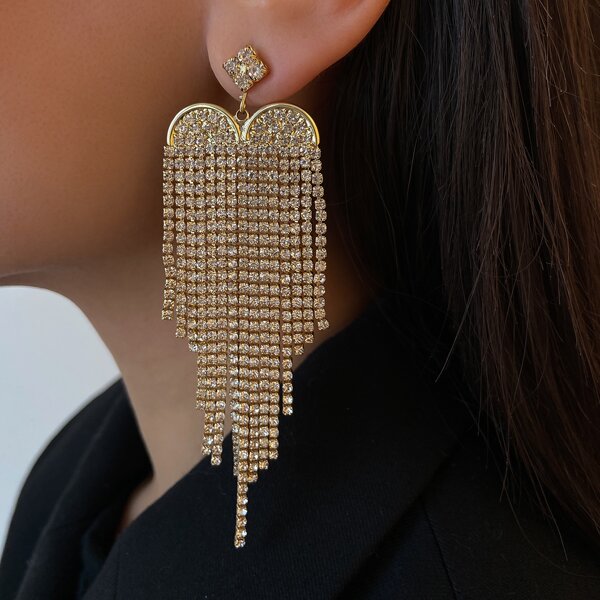 

Rhinestone Heart Tassel Drop Earrings, Gold