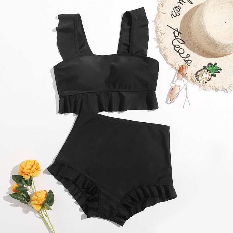 

Solid Ruffle Hem High Waist Bikini Swimsuit, Black
