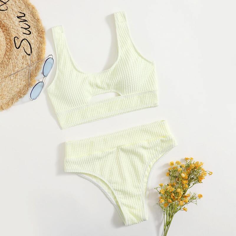 

Solid High Waist Bikini Swimsuit, Yellow