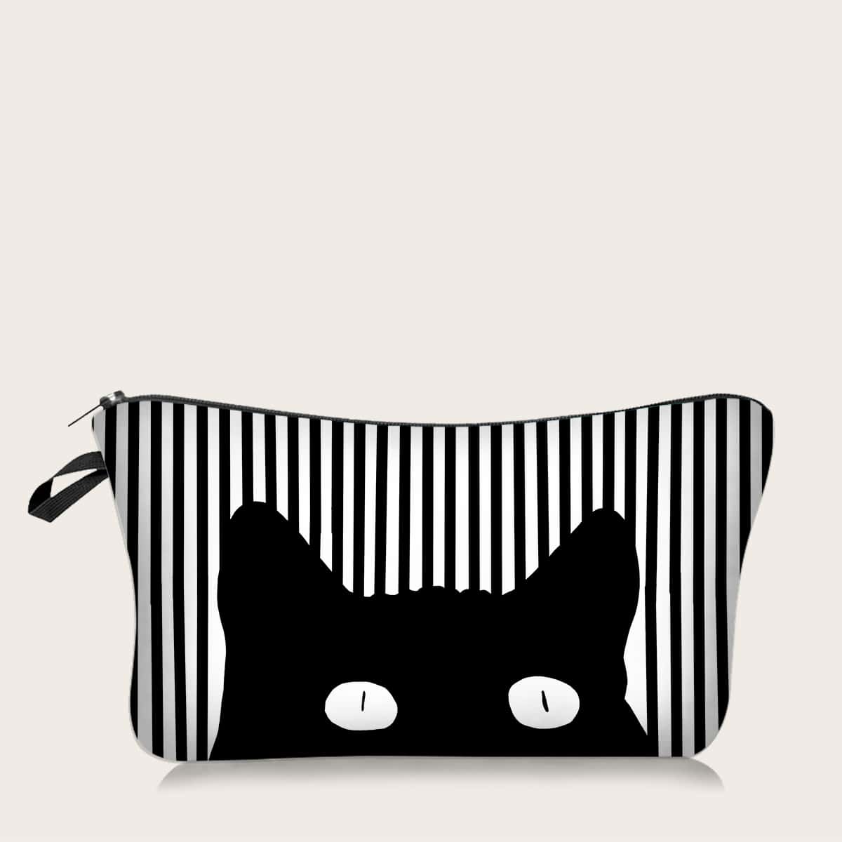 

Cat Pattern Striped Makeup Bag, Black