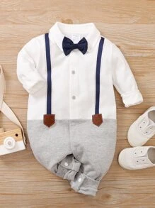 Yierying Bebé niño Jumpsuit con lazo delantero de rayas de color combinado - Multicolor - Ver 1