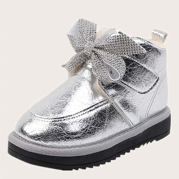 

Girls Metallic Bow Decor Plush Inside Snow Boots, Silver