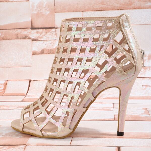 

Metallic Hollow Out Stiletto Heeled Boots, Apricot
