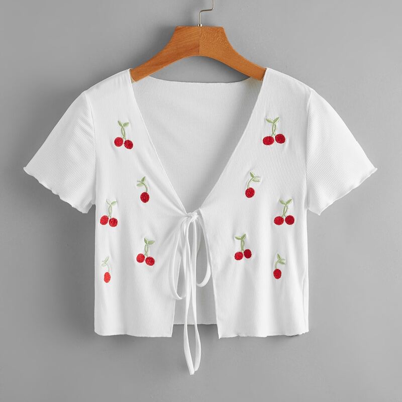 

Cherry Embroidery Tie Front Crop Top, White