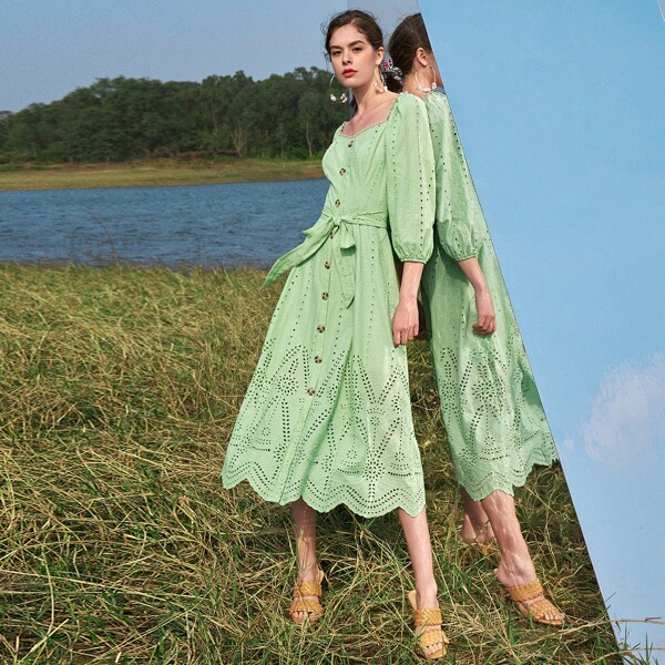 

Button Front Lace Trim Schiffy Embroidered Dress, Mint green