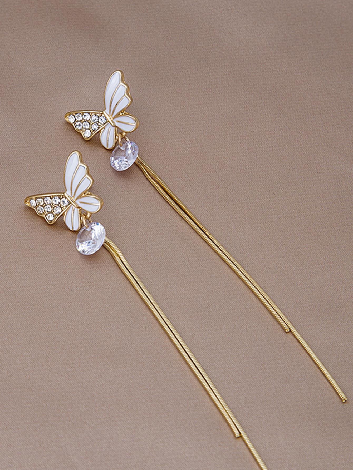 Cubic Zirconia Butterfly Decor Drop Earrings - Yellow Gold - View 1