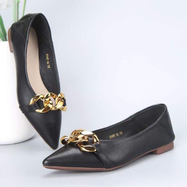 

Point Toe Chain Decor Flats, Black