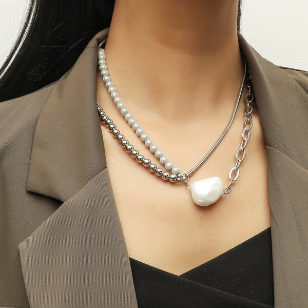 

Faux Pearl Decor Layered Necklace, Silver