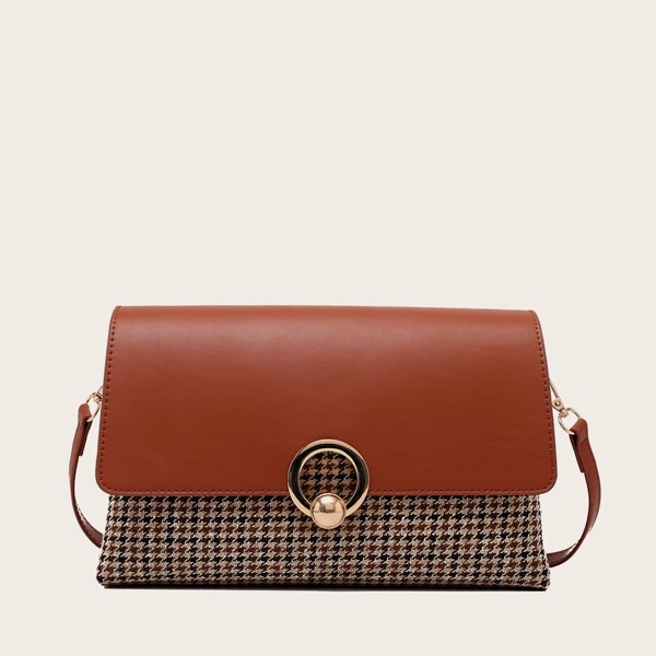 

Houndstooth Flap Crossbody Bag, Brown