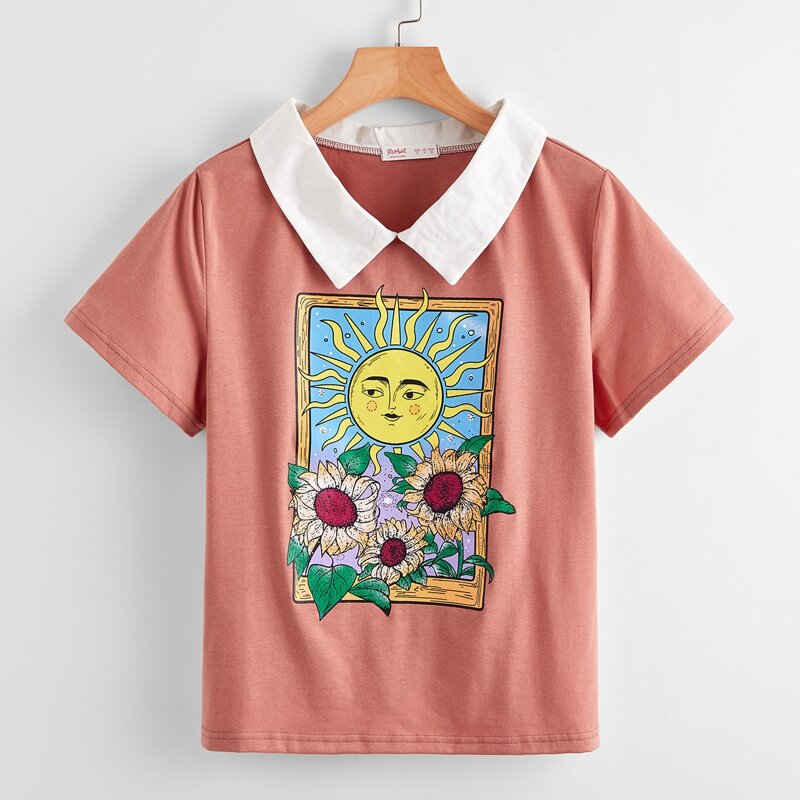 

Contrast Collar Sun & Flower Graphic Tee, Multicolor