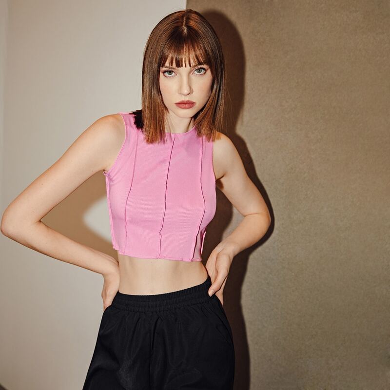 

Stitch Trim Rib-knit Crop Tank Top, Pink