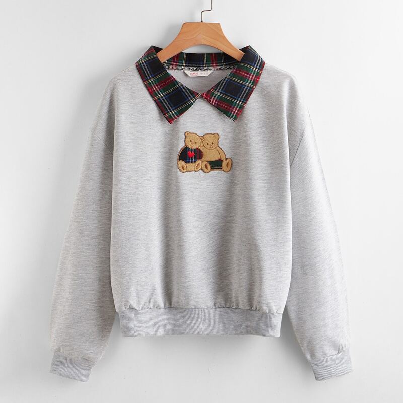 

Contrast Tartan-Collar Bear Embroidery Oversized Sweatshirt, Light grey