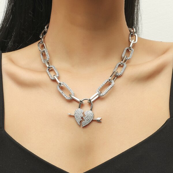 

Rhinestone Heart Charm Chain Necklace, Silver