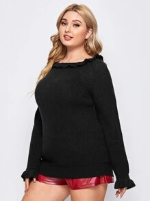 SHEIN Unity Áo len Plus Size Xù màu trơn Giải trí - màu đen - Xem 5