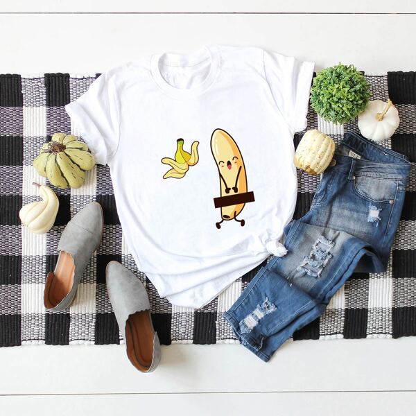 

Cartoon Banana Print Tee, White