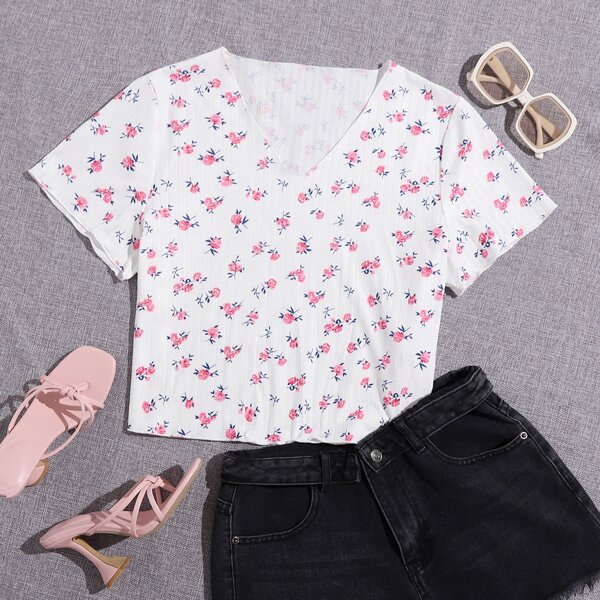 

Plus Floral Rib-knit Tee, White