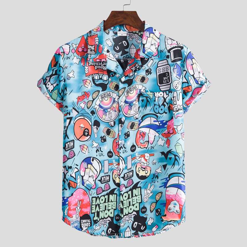 

Guys Letter Cartoon Print Button Front Shirt, Multicolor
