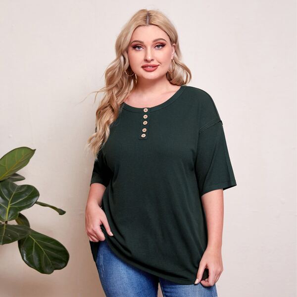 

Plus Button Front Drop Shoulder Tee, Dark green