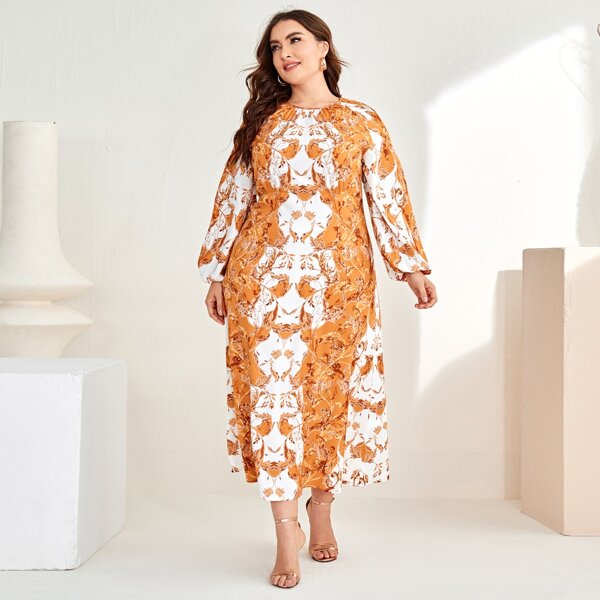 

Plus Plants Print Lantern Sleeve Dress, Multicolor