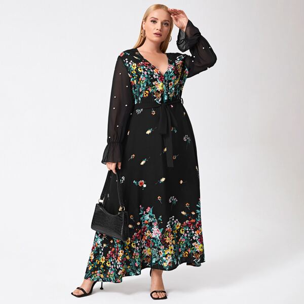 

Plus Floral Print Belted Dress, Black