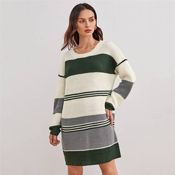 

Drop Shoulder Color Block Striped Longline Sweater, Multicolor