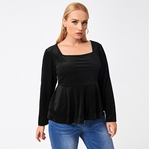 

Plus Solid Square Neck Velvet Tee, Black