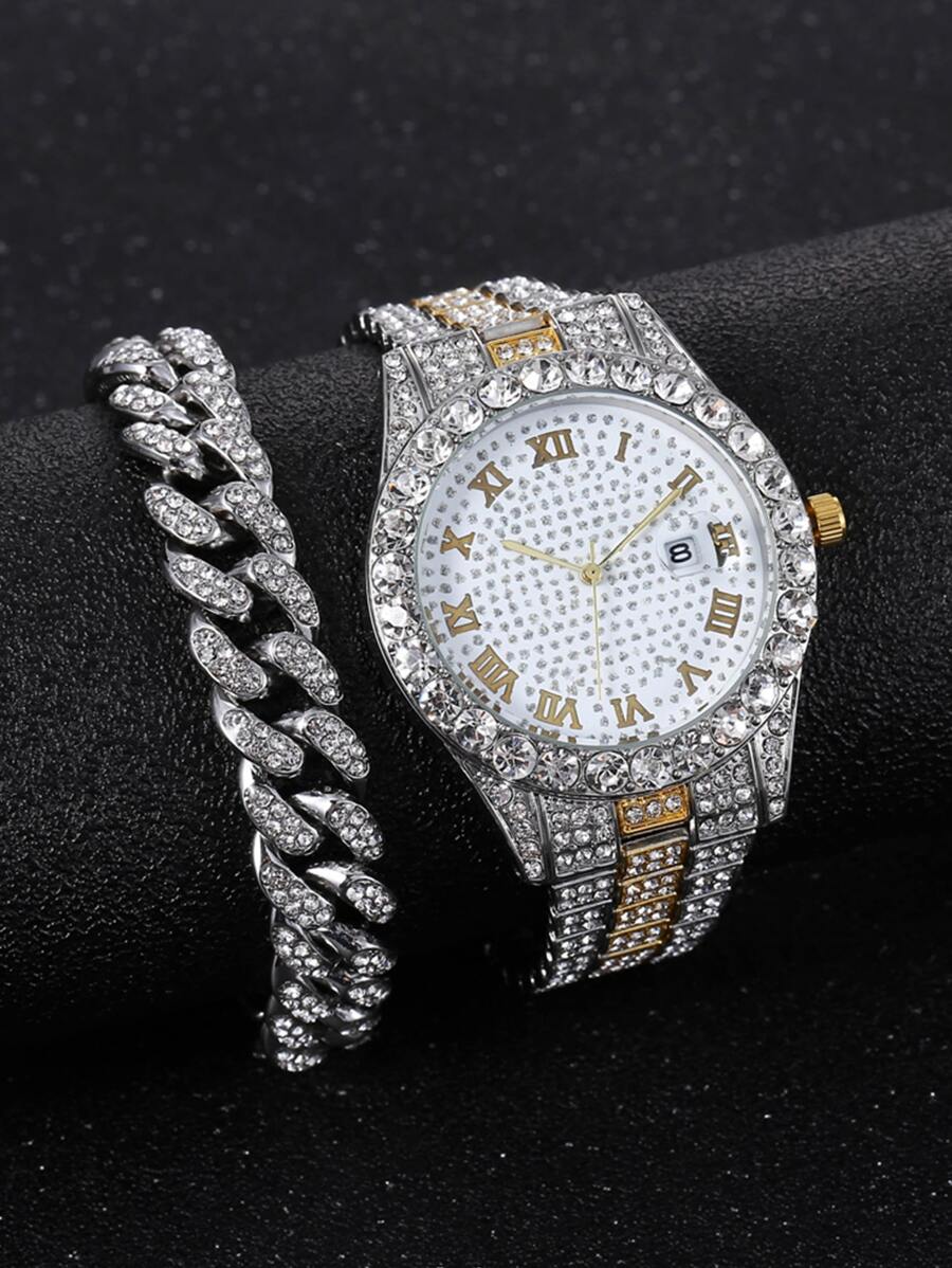 1pc Men Rhinestone Decor Date Quartz Watch & 1pc Bracelet - Silver - View 1