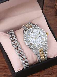 1pc Men Rhinestone Decor Date Quartz Watch & 1pc Bracelet - Silver - View 2