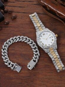 1pc Men Rhinestone Decor Date Quartz Watch & 1pc Bracelet - Silver - View 3