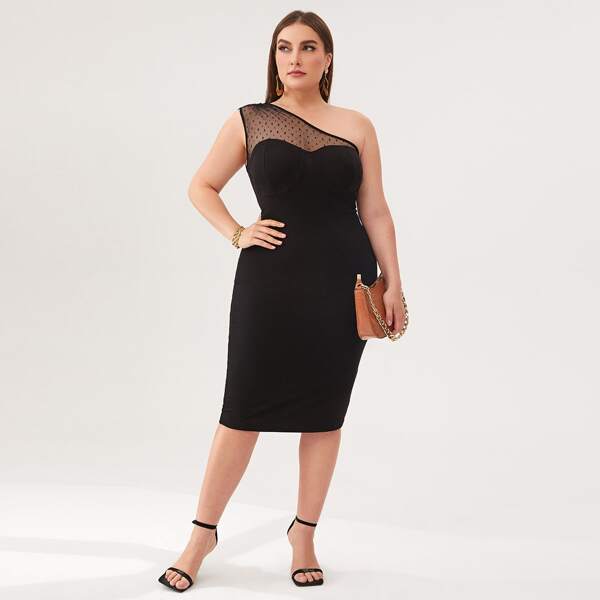 

Plus Asymmetrical Neck Sheer Mesh Dress, Black