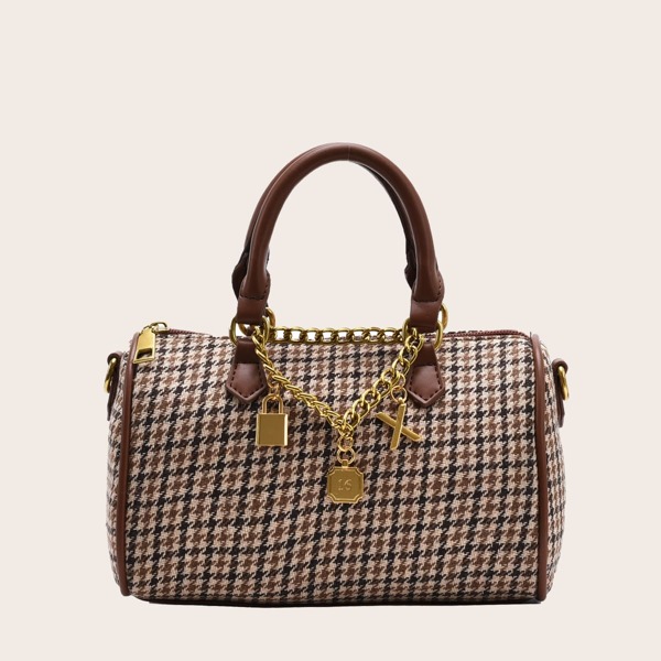 

Houndstooth Boston Bag, Brown