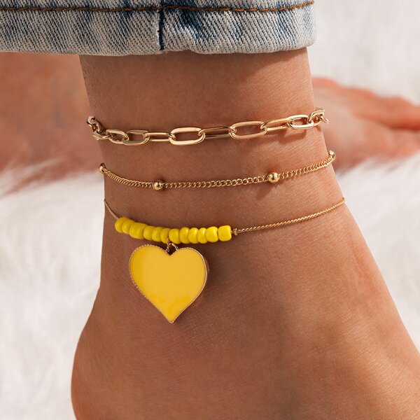 

3pcs Heart & Bead Decor Anklet, Gold