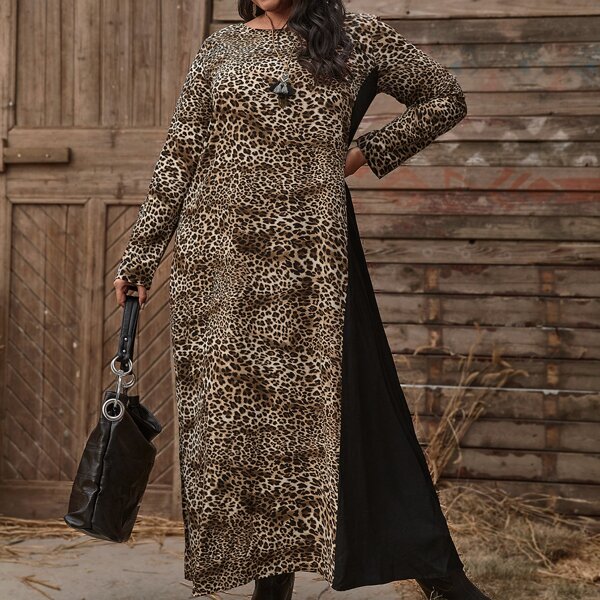 

Plus Leopard Colorblock Maxi Dress, Multicolor