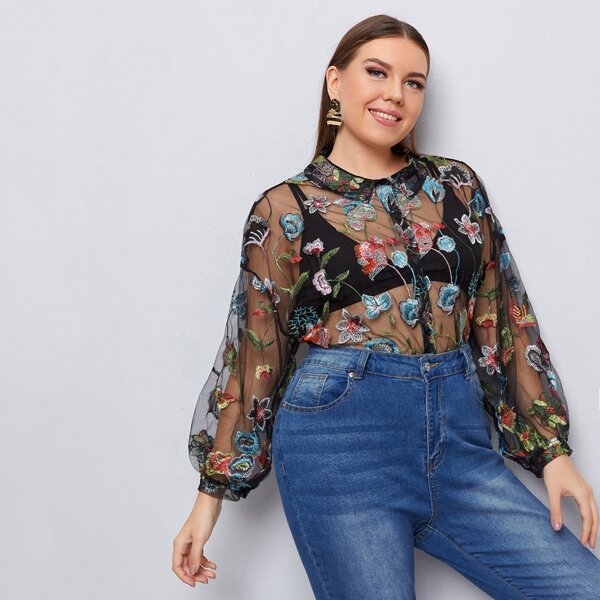 

Plus Floral Embroidery Mesh Sheer Blouse Without Bra, Multicolor