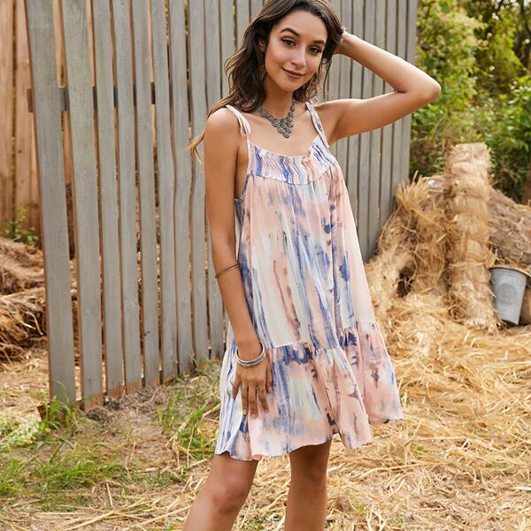 

Knot Straps Frill Trim Ruffle Hem Tie Dye Cami Dress, Multicolor