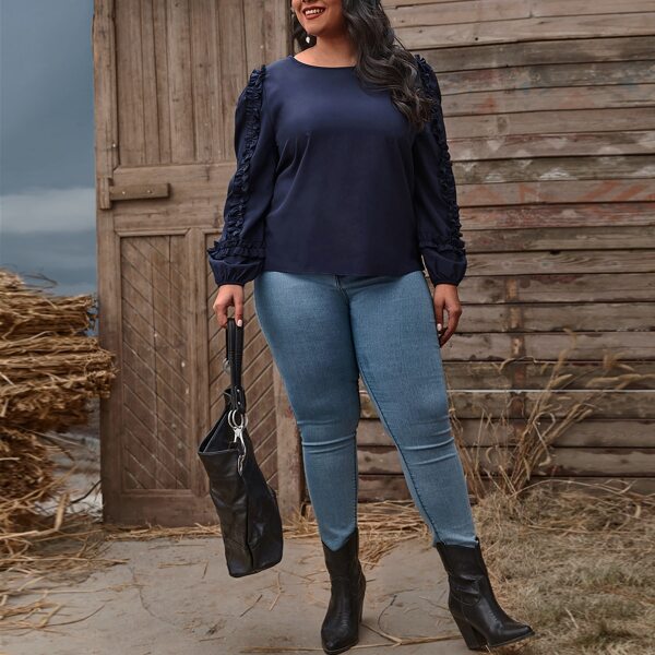 

Plus Solid Frill Trim Blouse, Navy blue