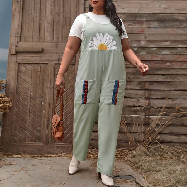 

Plus Floral Print Dual Pocket Overall Jumpsuit, Mint green