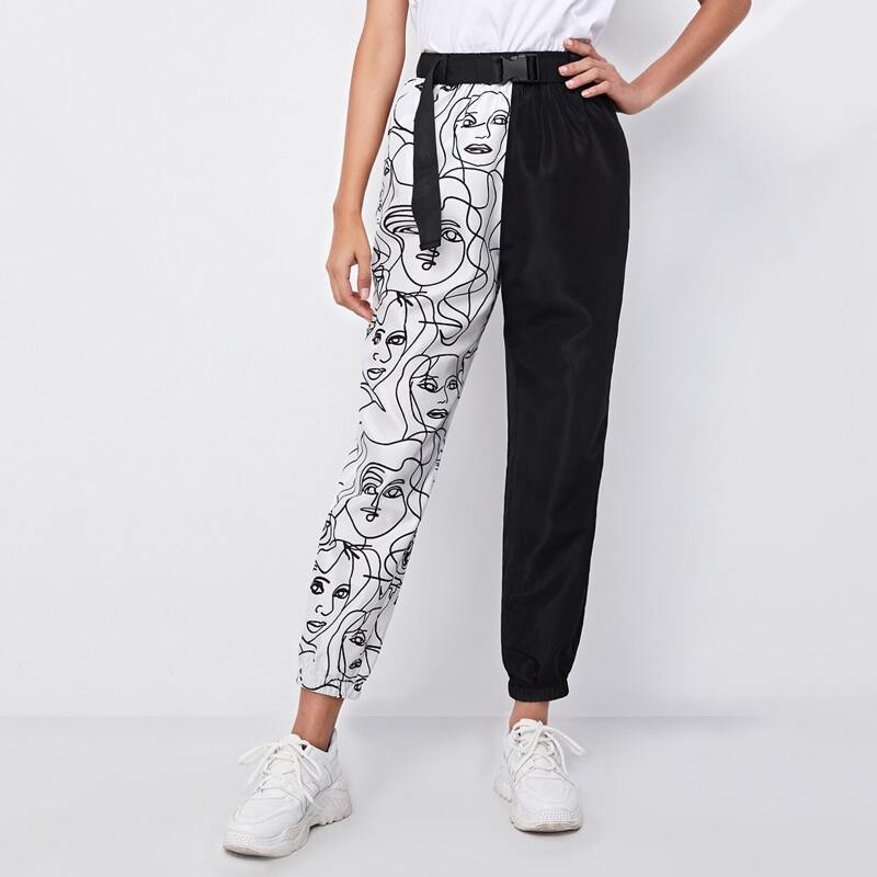 

Figure Print Colorblock Buckle Belted Pants, Black and white