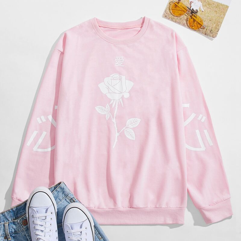 

Guys Floral & Letter Graphic Sweatshirt, Baby pink