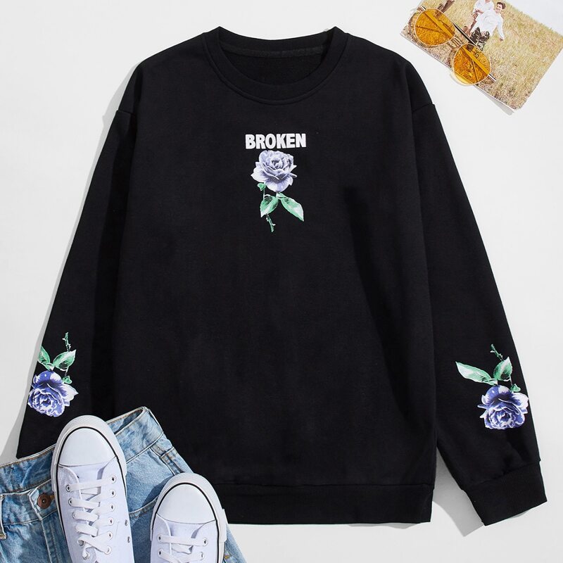 

Guys Floral & Letter Graphic Sweatshirt, Black