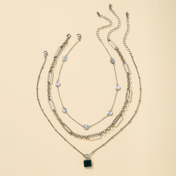 

3pcs Gemstone Charm Necklace, Silver