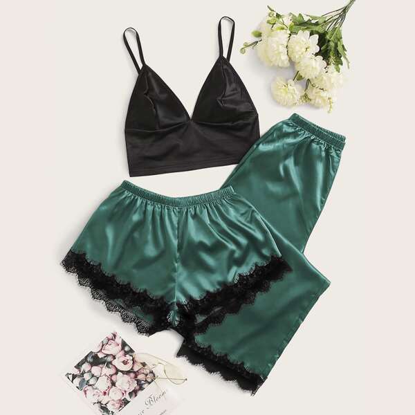 

3pcs Lace Trim Satin PJ Set, Dark green