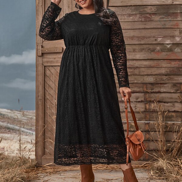 

Plus Lace Overlay Round Neck A-Line Dress, Black
