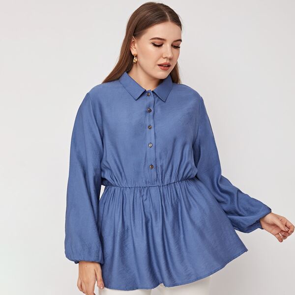 

Plus Solid Half Button Babydoll Blouse, Blue